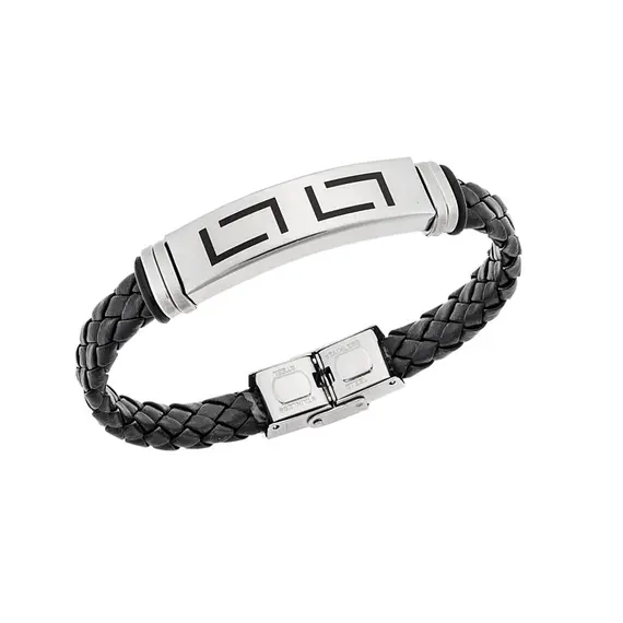 Βραχιόλι Senza Men&#039;s Steel, Ατσάλι με μαίανδρο και μαύρη δερματίνη