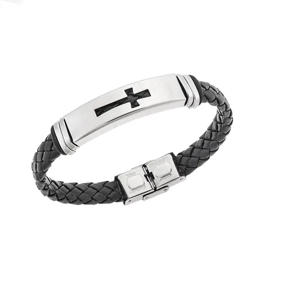 Βραχιόλι Senza Men&#039;s Steel, Ατσάλι με σταυρό και μαύρη δερματίνη