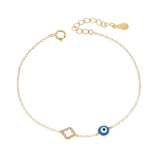 Βραχιόλι Senza Gold Plated Silver 925, Ματάκι γαλάζιο με σμάλτο και σταυρό με ζιργκόν