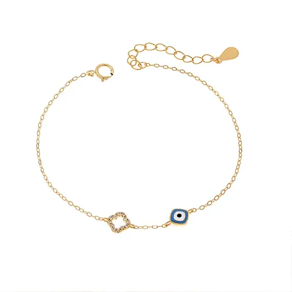 Βραχιόλι Senza Gold Plated Silver 925, Ματάκι γαλάζιο με σμάλτο και σταυρό με ζιργκόν