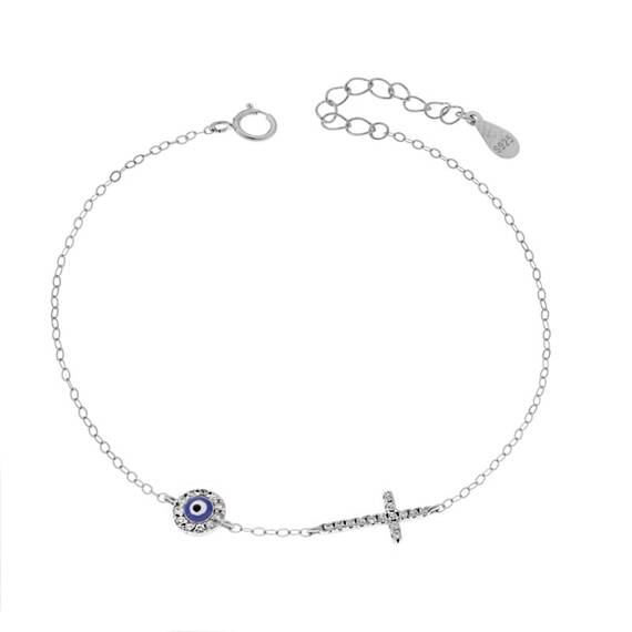 Βραχιόλι Senza Silver 925, ματάκι μπλε με σμάλτο και σταυρός με ζιργκόν