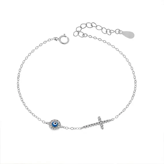 Βραχιόλι Senza Silver 925, ματάκι γαλάζιο με σμάλτο και σταυρός με ζιργκόν