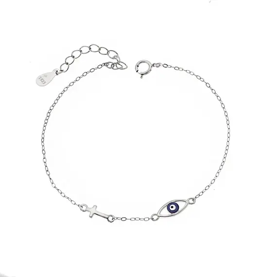 Βραχιόλι Senza Silver 925, Μάτι με σμάλτο και σταυρουδάκι