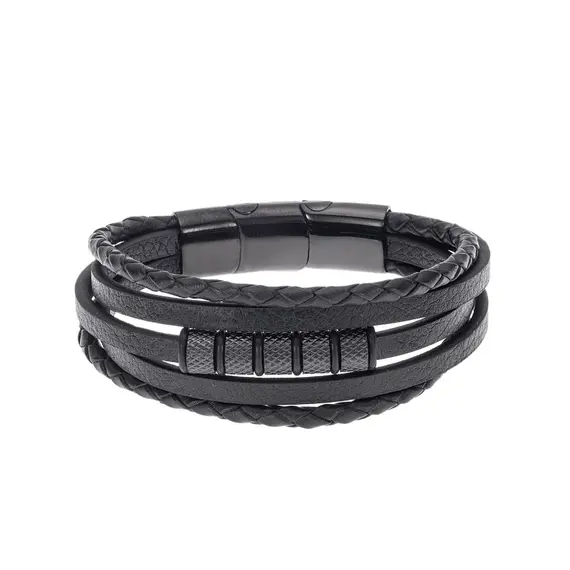 Βραχιόλι Senza Men&#039;s Steel Black Leather Strap