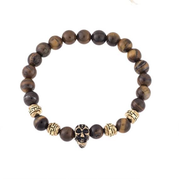 Βραχιόλι Senza Men&#039;s Brown Tiger Eye Stones with Skull