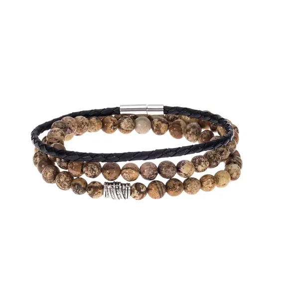 Βραχιόλια Senza Men&#039;s Black Leather &amp; Yellow Jasper Set