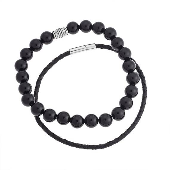 Βραχιόλια Senza Men&#039;s Black Leather &amp; Onyx