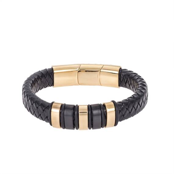 Βραχιόλι Senza Men&#039;s Steel Black Leather Strap