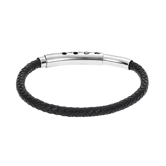 Βραχιόλι Senza Men&#039;s Steel Black Leather Strap