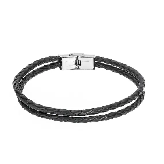 Βραχιόλι Senza Men&#039;s Steel Black Leather Strap