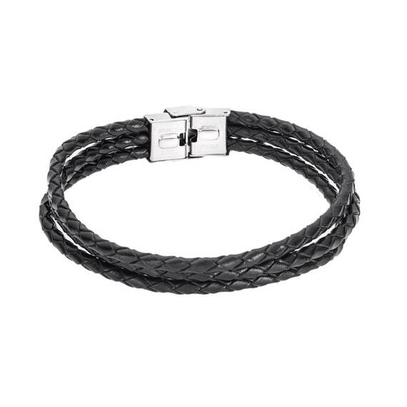 Βραχιόλι Senza Men&#039;s Steel Black Leather Strap