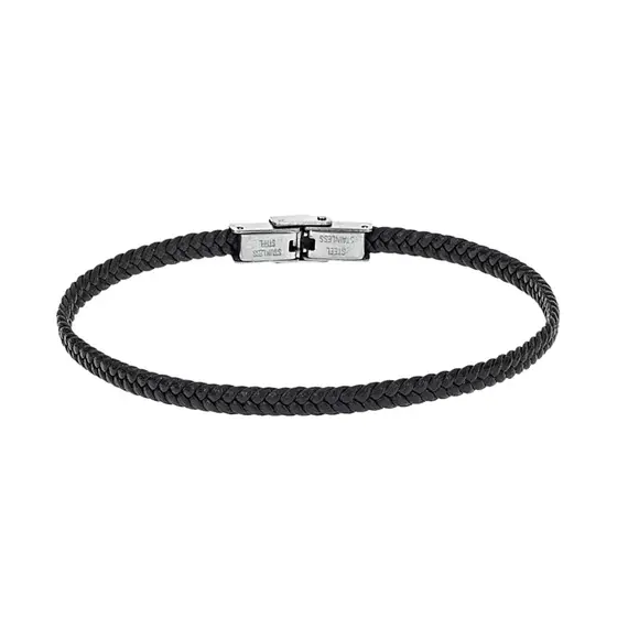 Βραχιόλι Senza Men&#039;s Steel Black Leather Strap