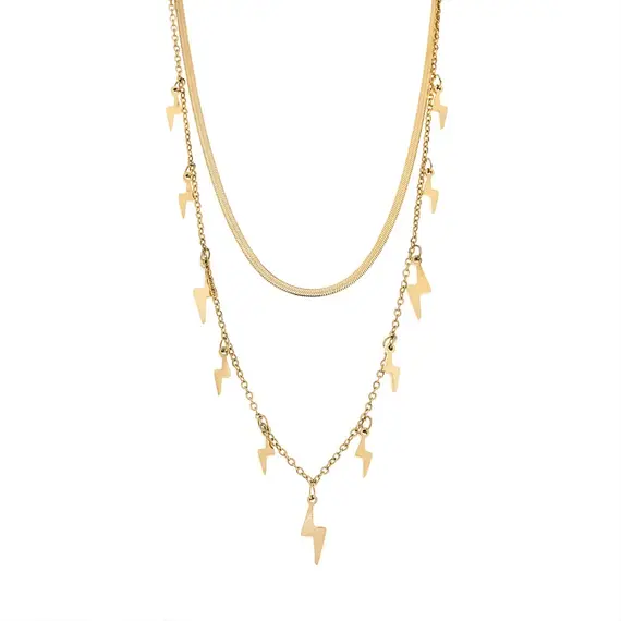 Κολιέ Senza Stainless Steel Gold Plated, Διπλή αλυσίδα με κρεμαστούς κεραυνούς