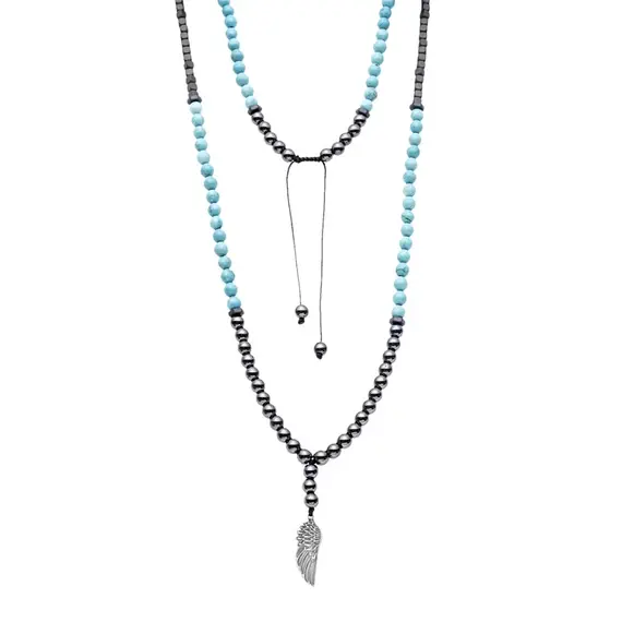 Κολιέ-Ροζάριο Unisex Senza Hematite &amp; Turquoise Stones with Steel