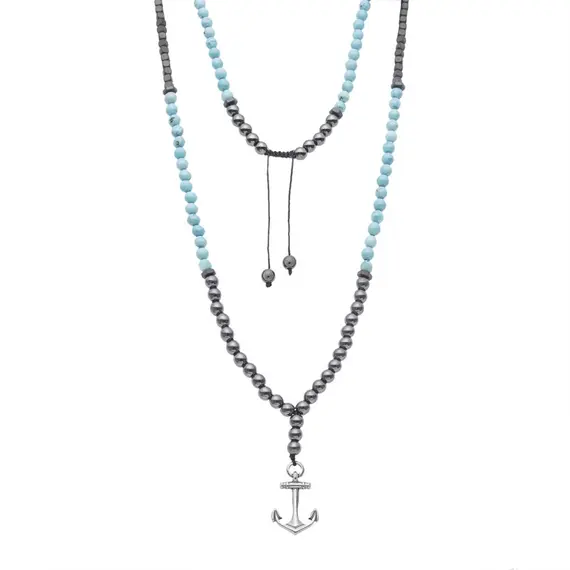 Κολιέ-Ροζάριο Unisex Senza Hematite &amp; Turquoise Stones with Steel