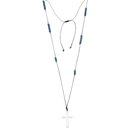 Κολιέ-Ροζάριο Unisex Senza Hematite Stones with Steel Cross