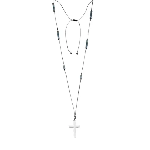 Κολιέ-Ροζάριο Unisex Senza Hematite Stones with Steel Cross