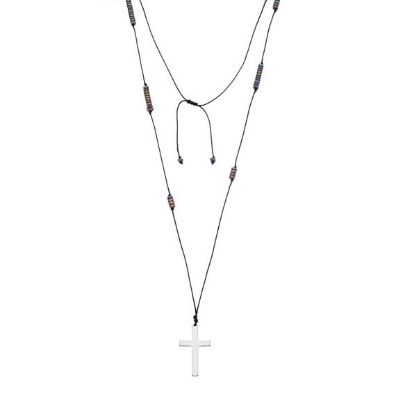 Κολιέ-Ροζάριο Unisex Senza Hematite Stones with Steel Cross