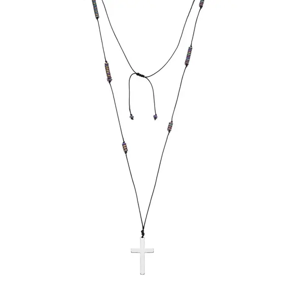 Κολιέ-Ροζάριο Unisex Senza Hematite Stones with Steel Cross