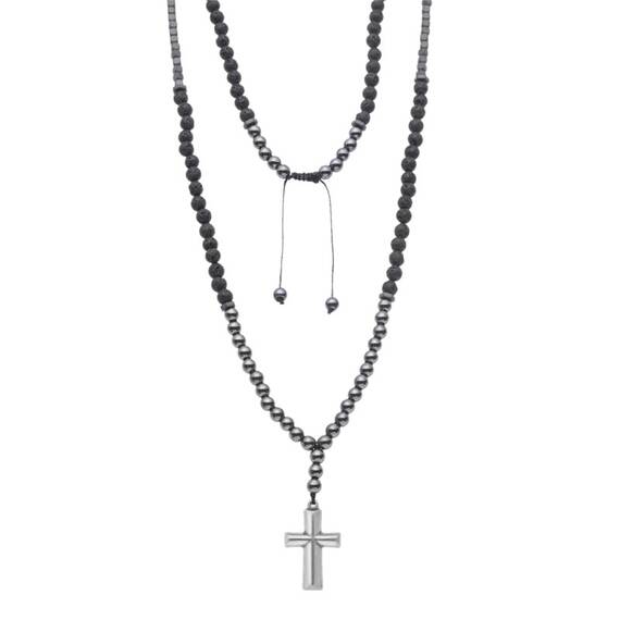 Κολιέ-Ροζάριο Unisex Senza Hematite &amp; Lava Stones with Steel Cross