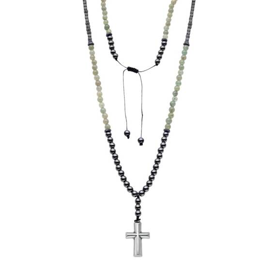 Κολιέ-Ροζάριο Unisex Senza Hematite &amp; Aventurine Stones with Steel Cross