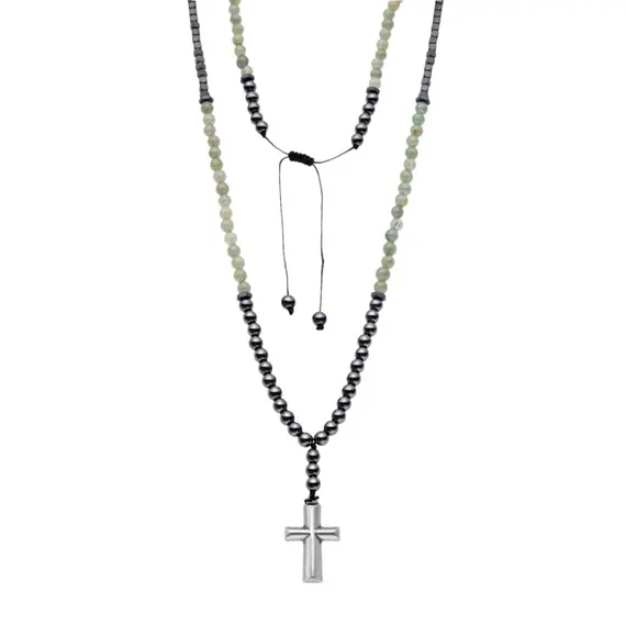 Κολιέ-Ροζάριο Unisex Senza Hematite &amp; Aventurine Stones with Steel Cross