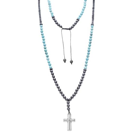 Κολιέ-Ροζάριο Unisex Senza Hematite &amp; Turquoise Stones with Steel Cross