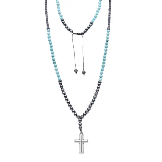 Κολιέ-Ροζάριο Unisex Senza Hematite &amp; Turquoise Stones with Steel Cross