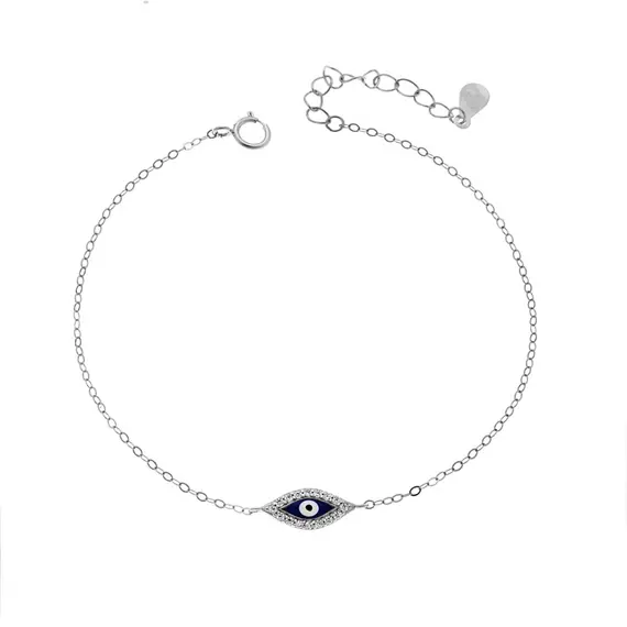 Βραχιόλι Senza Silver 925, μπλε ματάκι με σμάλτο και λευκά ζιργκόν