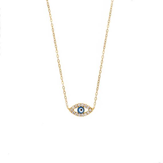 Κολιέ Senza Silver 925 Gold Plated, Ματάκι γαλάζιο με σμάλτο και λευκά ζιργκόν