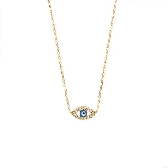 Κολιέ Senza Silver 925 Gold Plated, Ματάκι γαλάζιο με σμάλτο και λευκά ζιργκόν