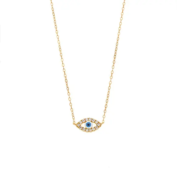 Κολιέ Senza Silver 925 Gold Plated, Ματάκι λευκό με σμάλτο και λευκά ζιργκόν