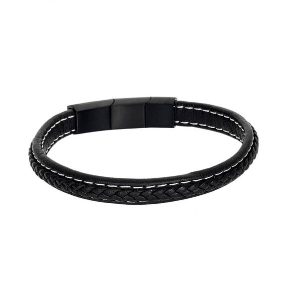 Βραχιόλι Senza Men&#039;s Steel Black Leather Strap