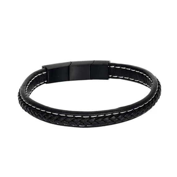 Βραχιόλι Senza Men&#039;s Steel Black Leather Strap