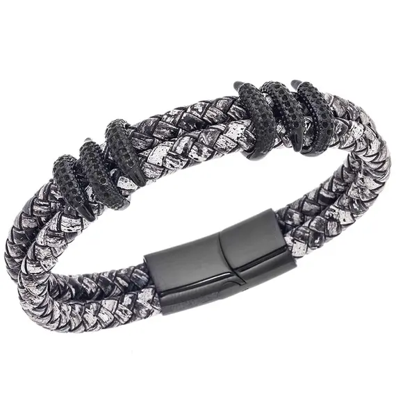 Βραχιόλι Senza Men&#039;s Steel Black&amp;White Leather Strap