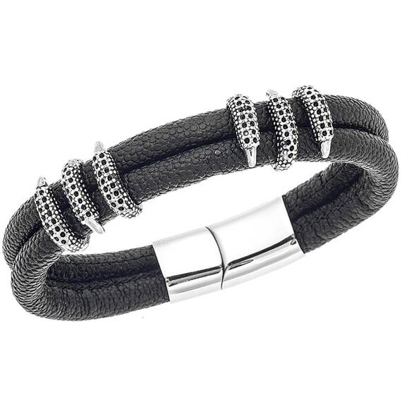 Βραχιόλι Senza Men&#039;s Steel Black Leather Strap
