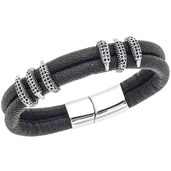 Βραχιόλι Senza Men&#039;s Steel Black Leather Strap
