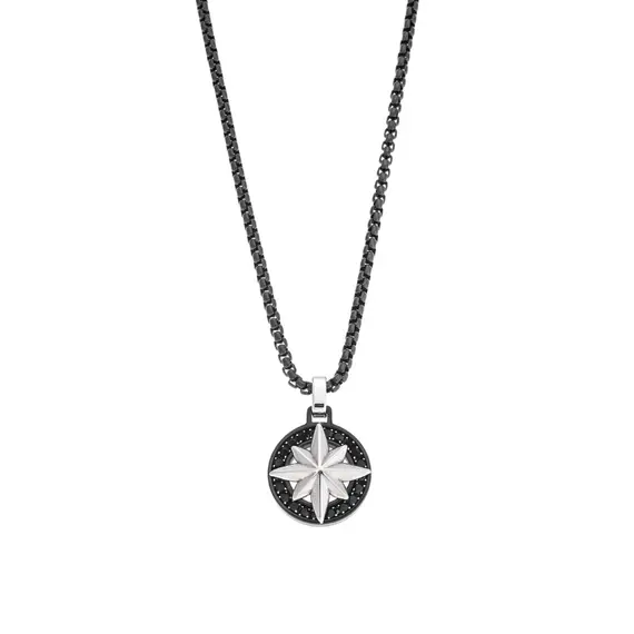 Κολιέ Senza Men&#039;s Steel, Δίχρωμη Πυξίδα από Ατσάλι με μαύρη καδένα