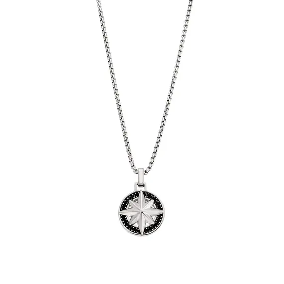 Κολιέ Senza Men&#039;s Steel, Δίχρωμη Πυξίδα από Ατσάλι με ασημί καδένα