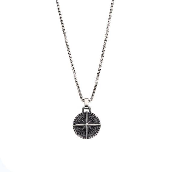 Κολιέ Senza Men&#039;s Steel, Πυξίδα από Ατσάλι με ασημί καδένα