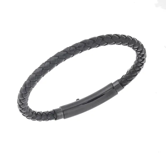 Βραχιόλι Senza Men&#039;s Steel Black Leather Strap