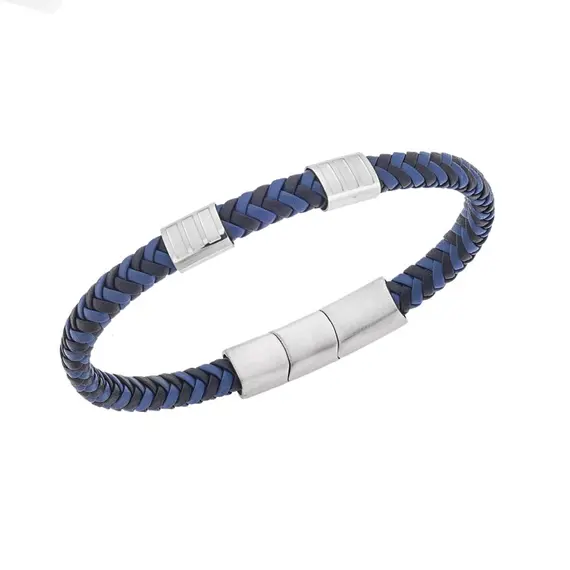 Βραχιόλι Senza Men&#039;s Steel Black &amp; Blue Leather Strap