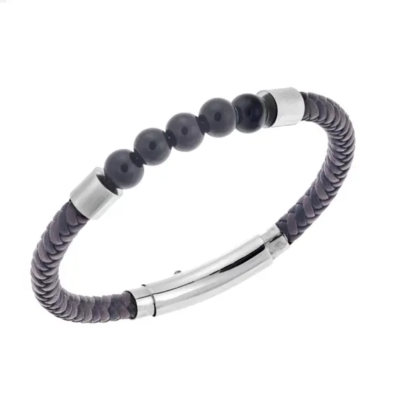 Βραχιόλι Senza Men&#039;s Steel Brown &amp; Black Leather Strap