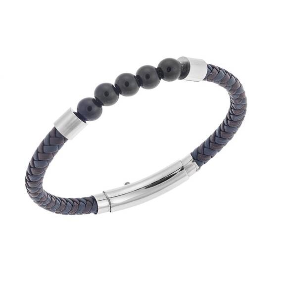 Βραχιόλι Senza Men&#039;s Steel Brown &amp; Blue Leather Strap