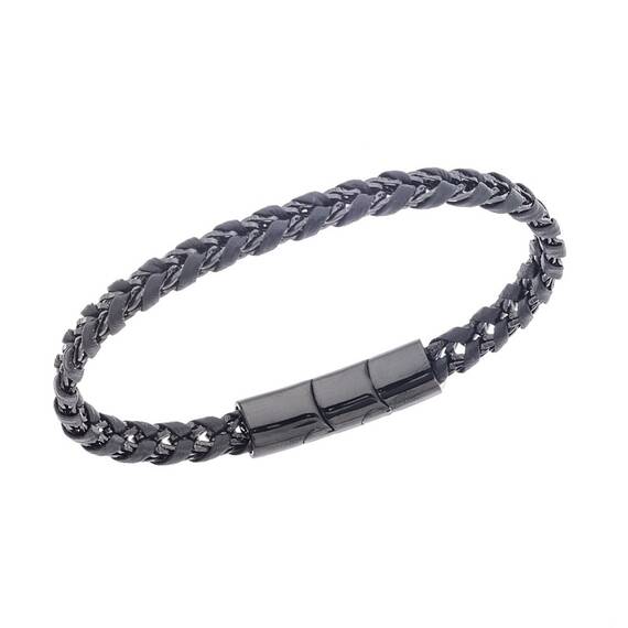 Βραχιόλι Senza Men&#039;s Steel Black Leather Strap