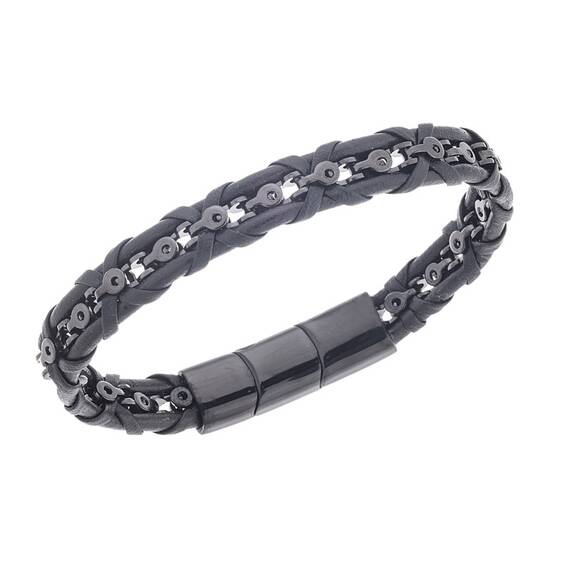 Βραχιόλι Senza Men&#039;s Steel Black Leather Strap