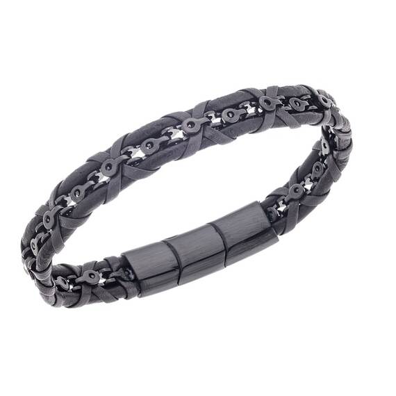 Βραχιόλι Senza Men&#039;s Steel Black &amp; Brown Leather Strap