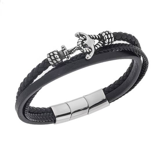 Βραχιόλι Senza Men&#039;s Steel Black Leather Strap, τριπλό δέρμα με άγκυρα