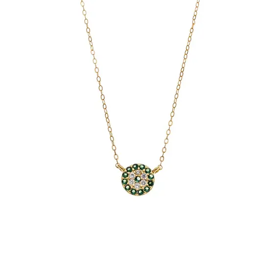 Κολιέ Senza Silver 925 Gold Plated, Στρογγυλό πράσινο ματάκι με ζιργκόν