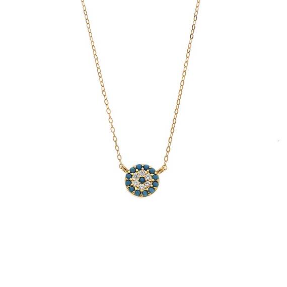 Κολιέ Senza Silver 925 Gold Plated, Στρογγυλό τυρκουάζ ματάκι με ζιργκόν